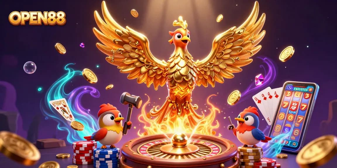 Engage with OPEN88's captivating casino experience featuring molten golden phoenix, roulette, and dynamic game elements.