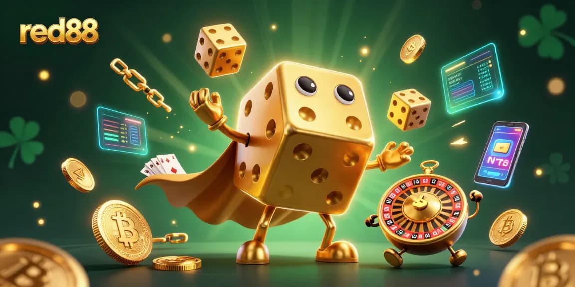 Experience red88's thrilling atmosphere with a vibrant 3D casino illustration of playful dice and crypto elements.