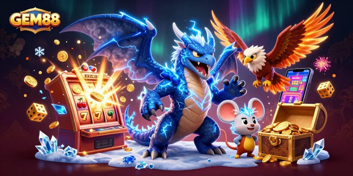 Experience thrilling gameplay at GEM88 with a dynamic illustration of exciting casino elements.