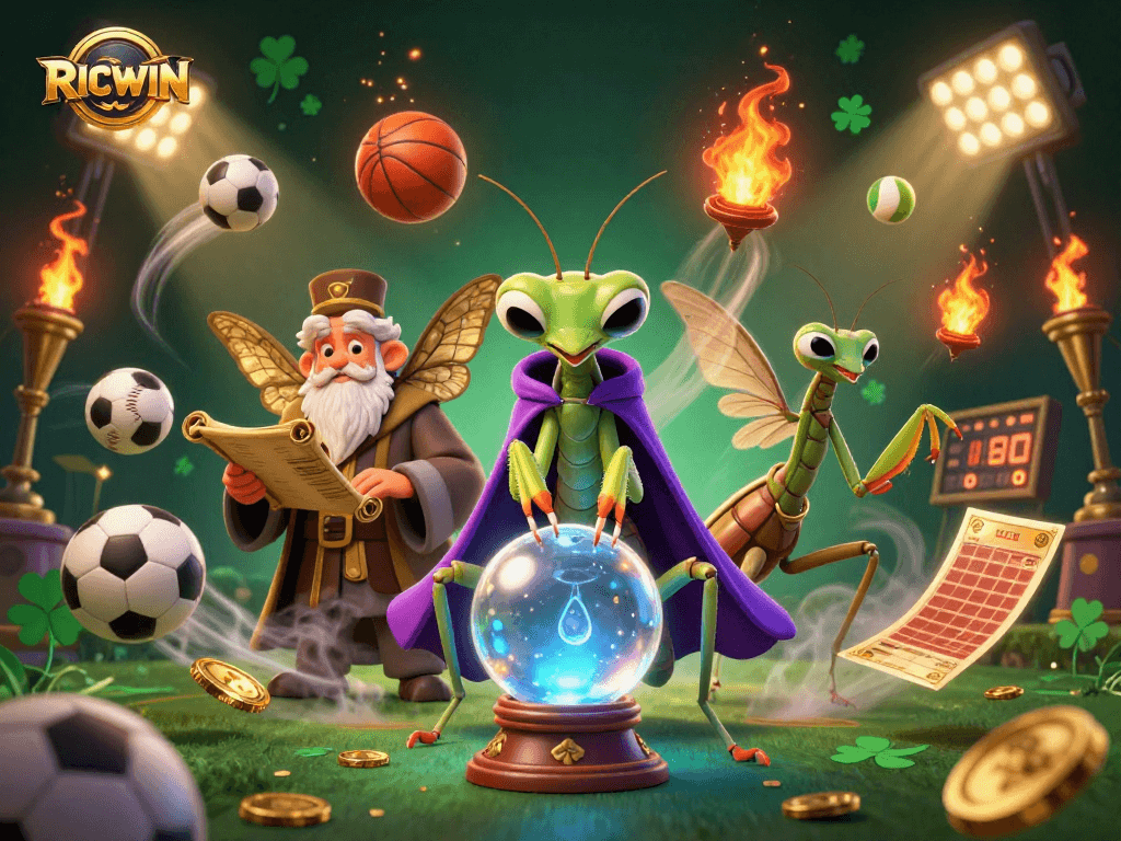 Bet on RICWIN with vibrant characters and sports elements in a dynamic casino scene.