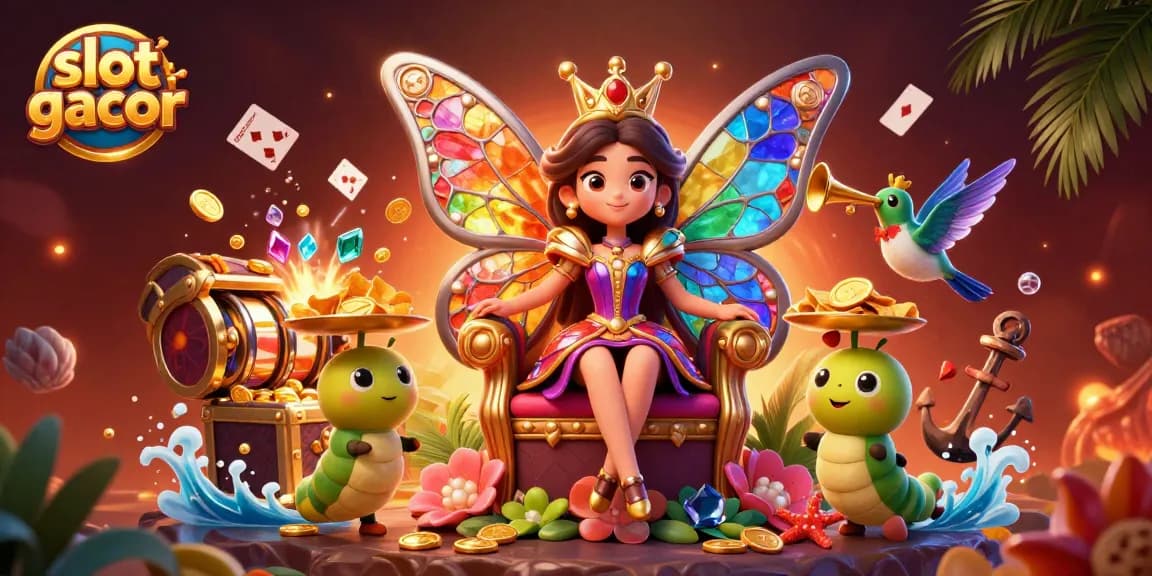 Experience the thrill of slot gacor with a colorful butterfly queen amidst dynamic casino elements.