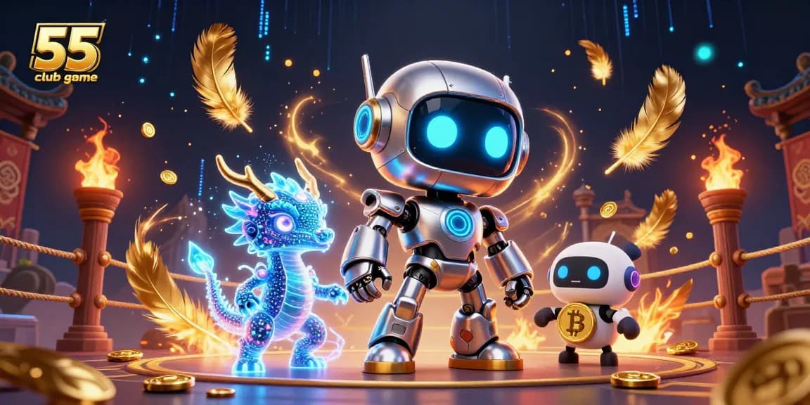 Engage in the thrilling 55 club game with a vibrant 3D illustration showcasing a cyberpunk robot and dragon amidst rich casino elements.
