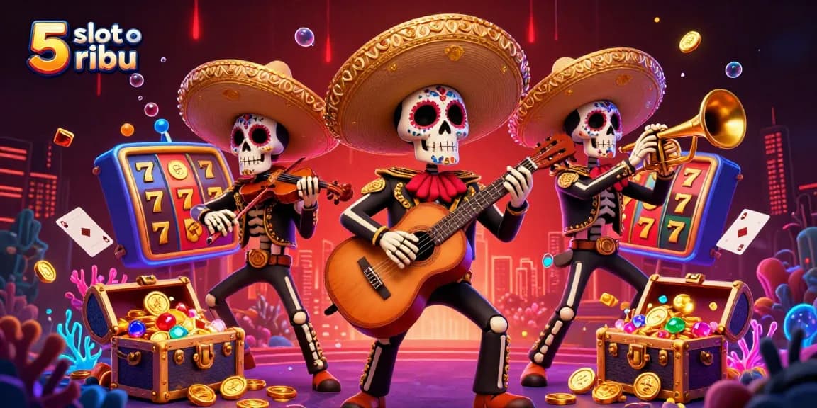 Experience excitement with slot depo 5 ribu's vibrant casino scene filled with treasure and lively characters.