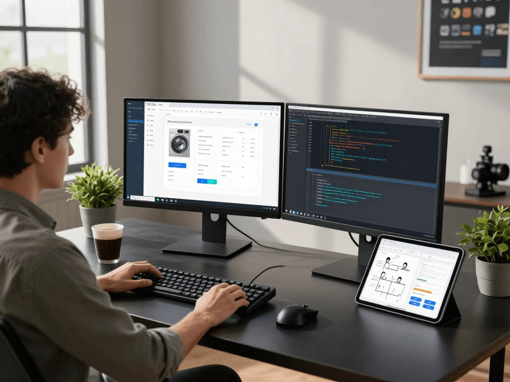 Laundry POS software interface displayed on dual monitors in a modern software development workspace, showcasing a developer engaged in coding.
