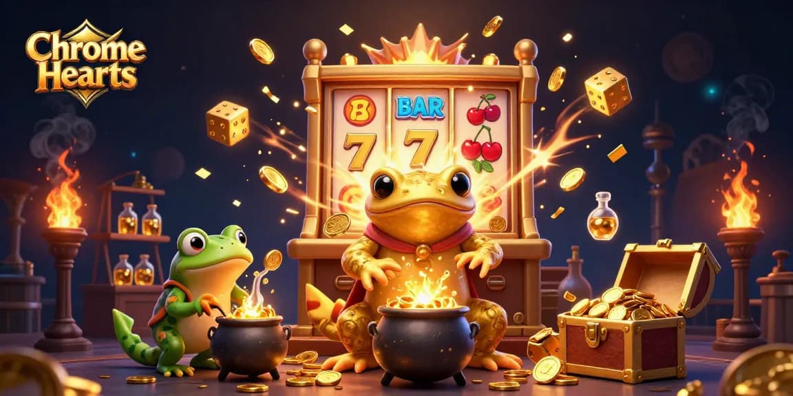 Experience the vibrant world of Chrome Hearts with this dynamic casino-themed illustration featuring golden elements and symbols.