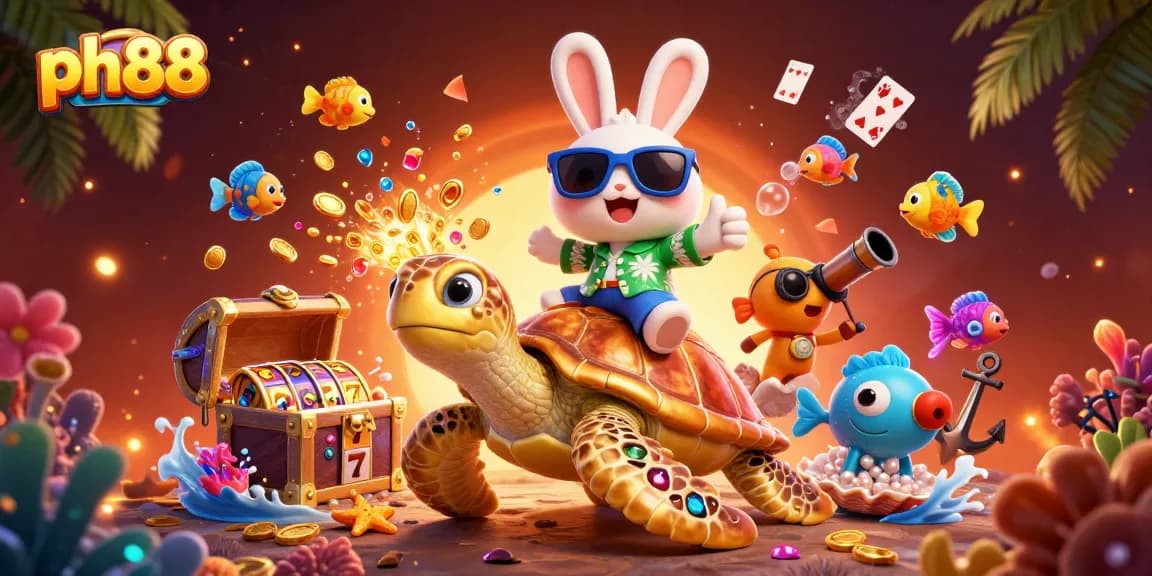 Experience ph88 excitement with a lucky rabbit and golden turtle amidst vibrant casino elements.