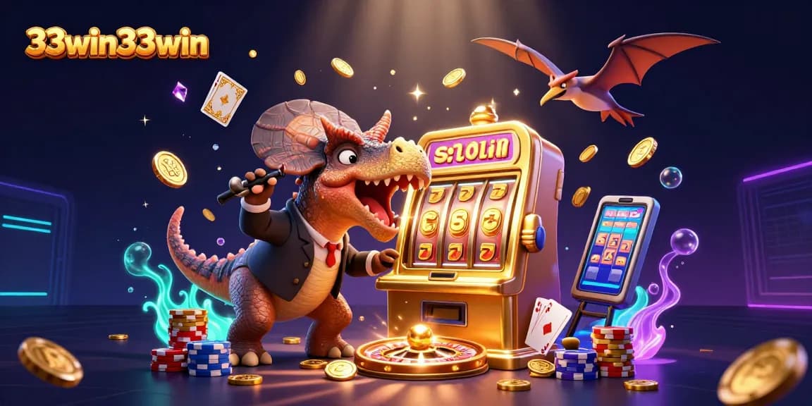 33win33win showcases a pachycephalosaurus celebrating jackpot wins with animated casino elements.