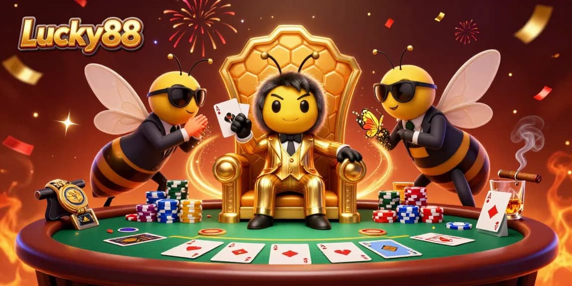 Experience thrilling poker action with Lucky88's vibrant 3D casino scene, featuring a bumblebee mob boss and dazzling chips.