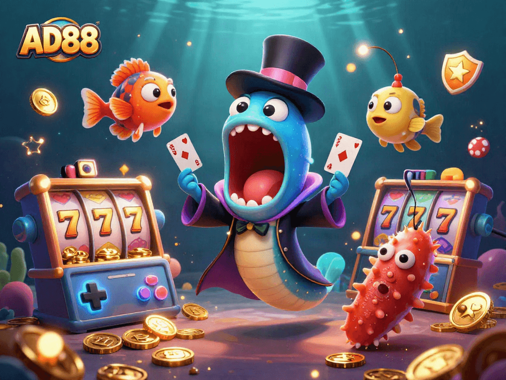 Engage in thrilling action at AD88 with slot reels and colorful game elements underwater