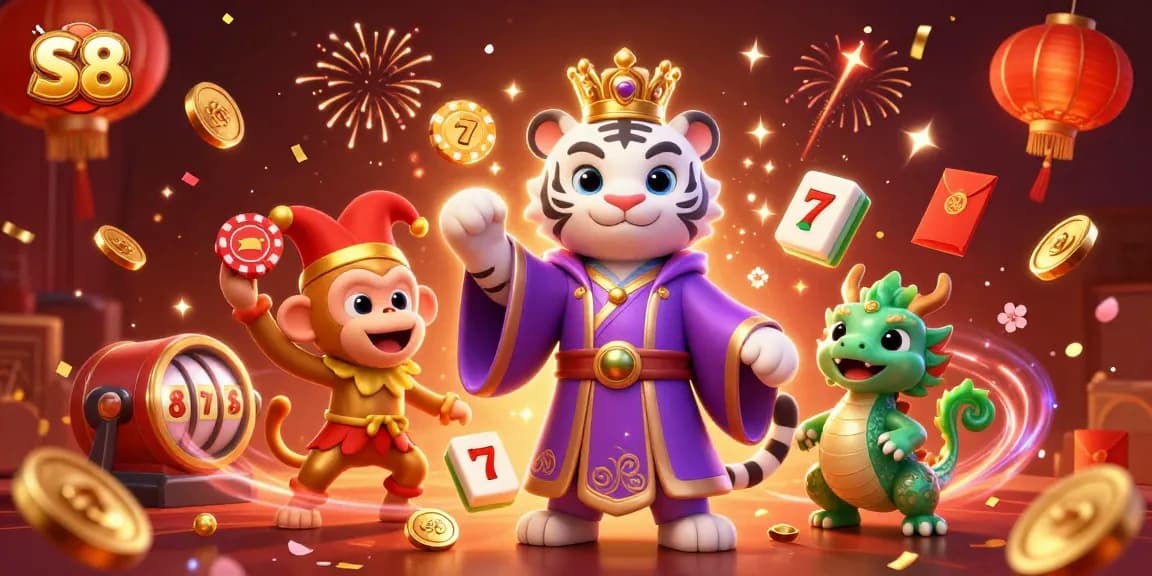 S8 showcases a dynamic casino experience with vibrant characters and elements, including slot reels and poker chips.