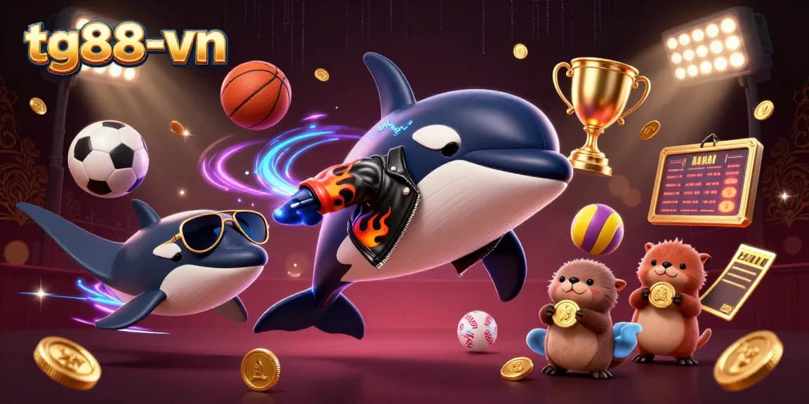Tg88-vn showcases vibrant casino elements with a playful orca and otters enjoying golden coins while gambling.