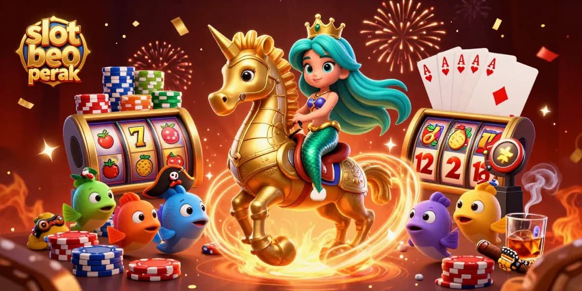 Slot bet 200 perak menampilkan ilustrasi putri duyung dan mesin slot, menjanjikan pengalaman yang menggembirakan.