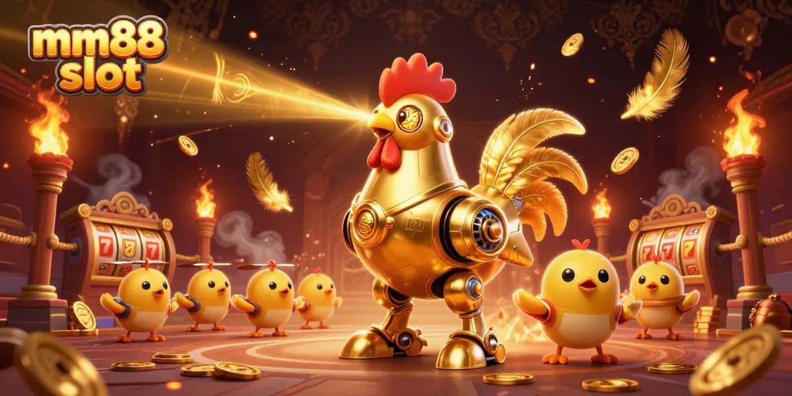 Experience thrilling action in the mm88 slot with golden rooster robot and dynamic game elements.
