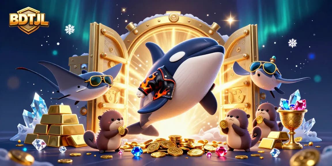 Engage with BDTJL in this vibrant casino scene featuring a dynamic mix of aquatic characters and treasure.