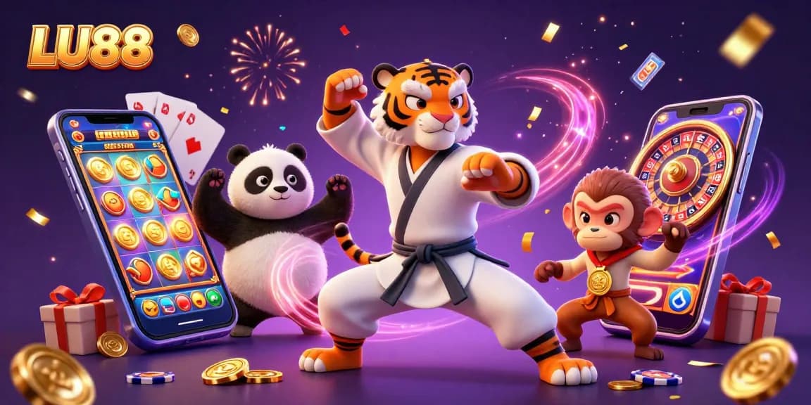 LU88's lively casino scene features a kung fu tiger, a panda, and a monkey amidst colorful slot games and golden coins.