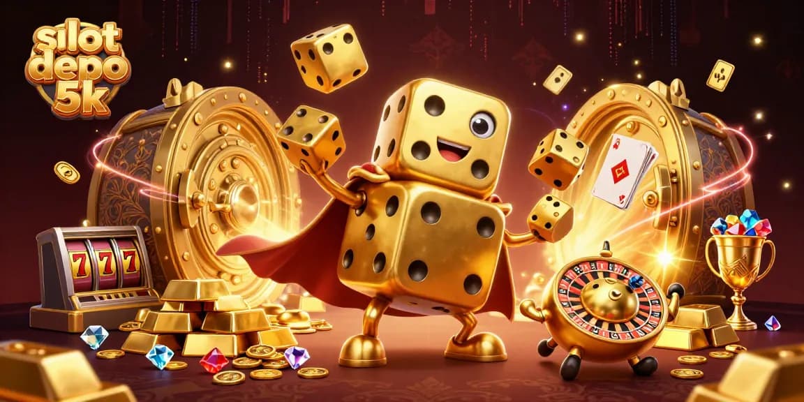 Engage with slot depo 5k as golden dice characters bring luck in a vibrant casino scene filled with treasures.