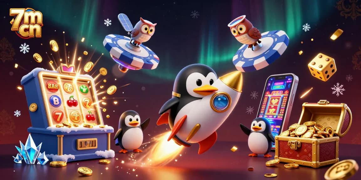 Experience 7m cn thrilling action with a golden penguin in space, hitting the jackpot!