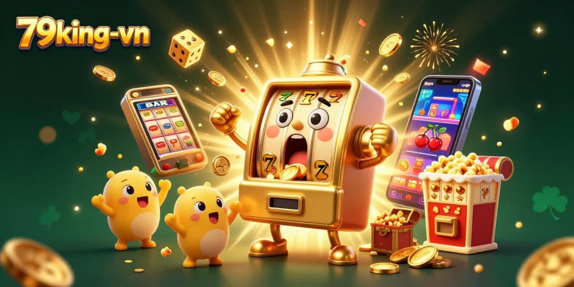 A golden slot machine winning at 79king-vn with coins pouring out while cheering smaller machines celebrate.
