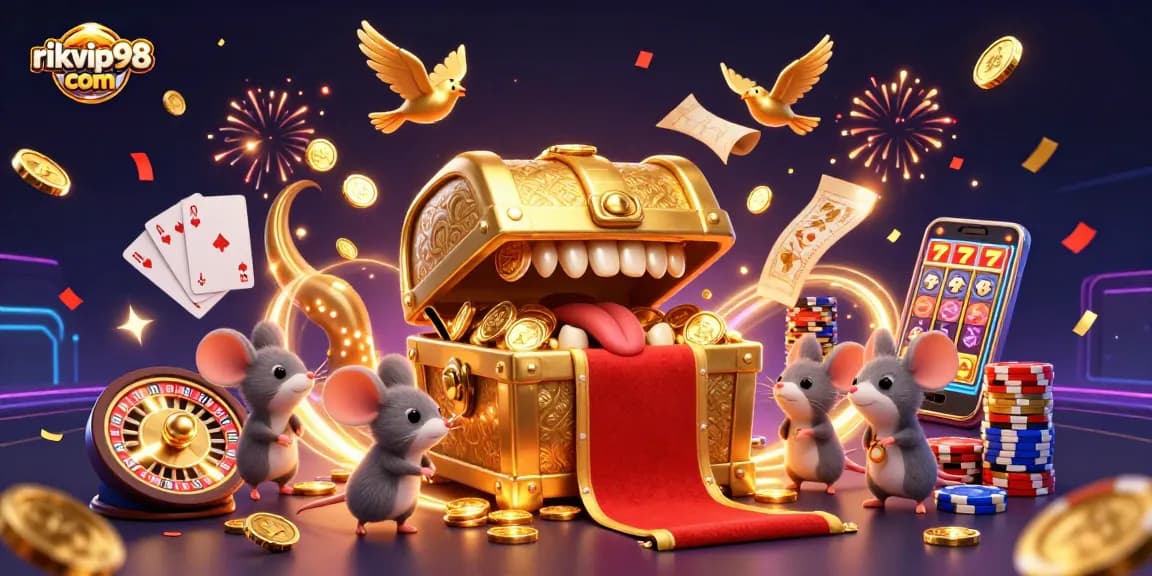 Experience excitement at rikvip98 com with a vibrant 3D illustration of a treasure chest and casino elements.
