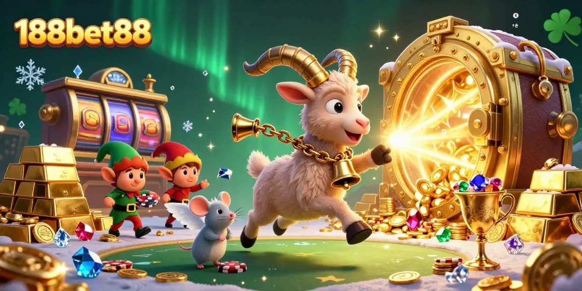 Experience thrilling gameplay at 188bet88 with vibrant casino elements like slot reels and treasures.