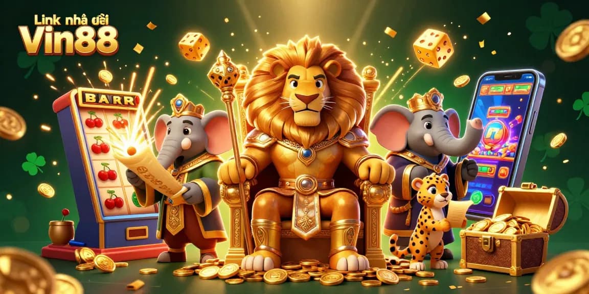 Experience exciting wins at Link nhà cái Vin88 with a vibrant 3D casino scene filled with characters and game elements.
