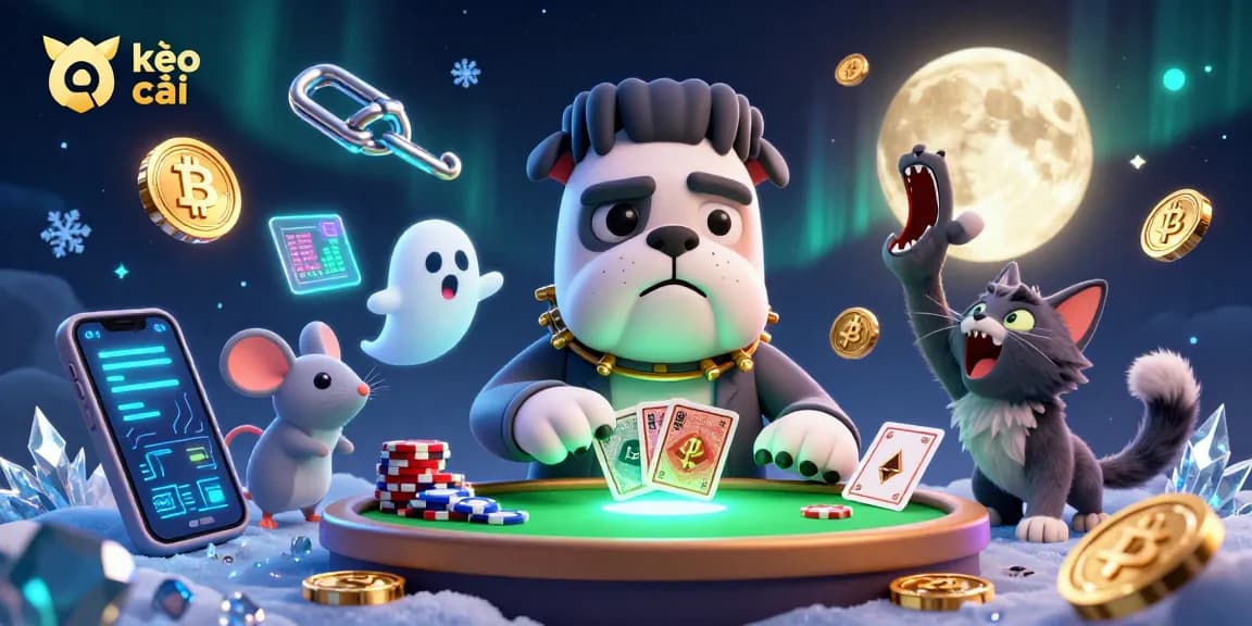 Engage in kèo nhà cái excitement with a cartoon bulldog dealer amidst vibrant casino elements.