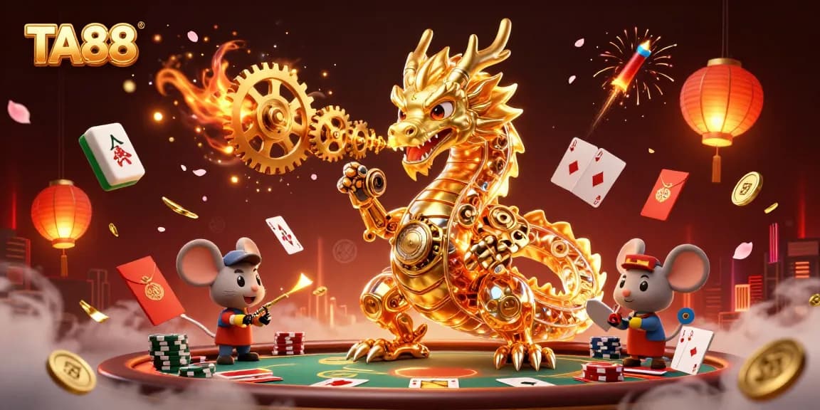 Bet on TA88 with a vibrant scene featuring a golden dragon and colorful casino elements.