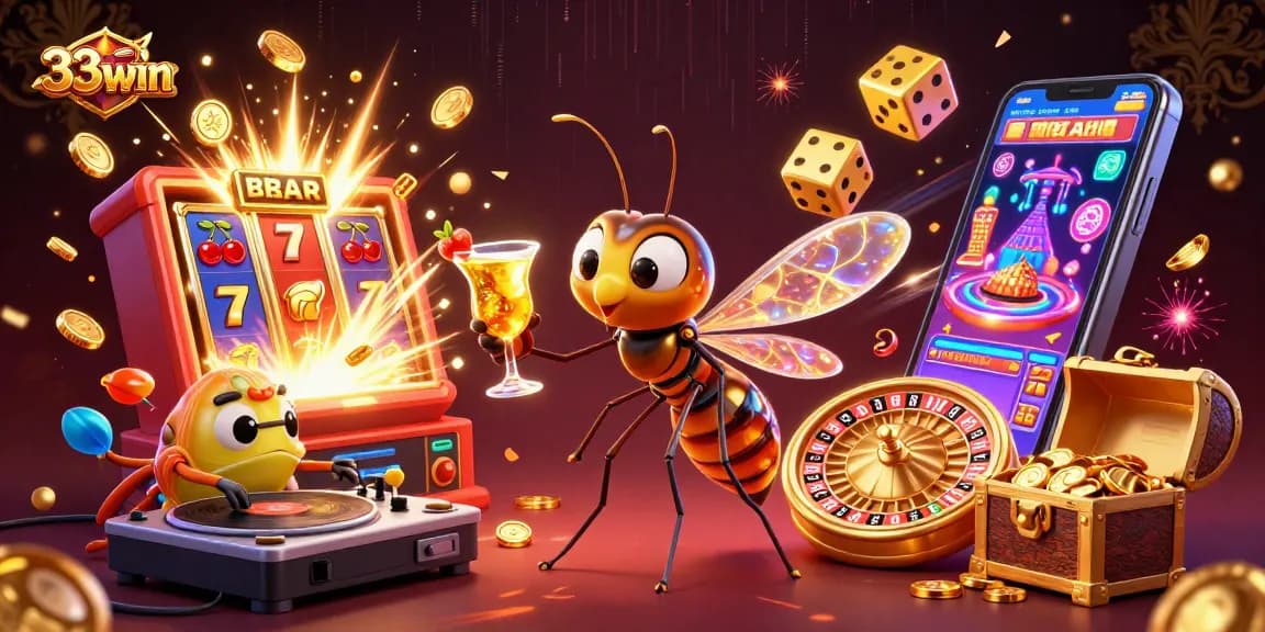 Engage with 33win through a vibrant casino-themed scene featuring exciting games and characters.