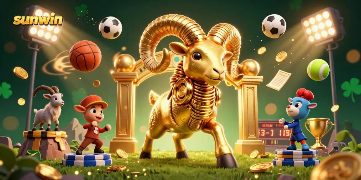 Experience the thrill of sunwin with a golden ram mascot charging through a dynamic sports betting atmosphere.