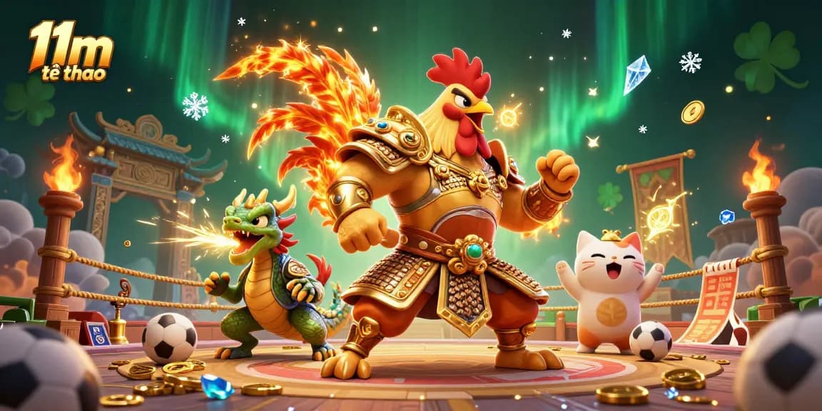 Experience thrilling sports betting action with 11m thể thao featuring cartoon warriors in a lively arena.