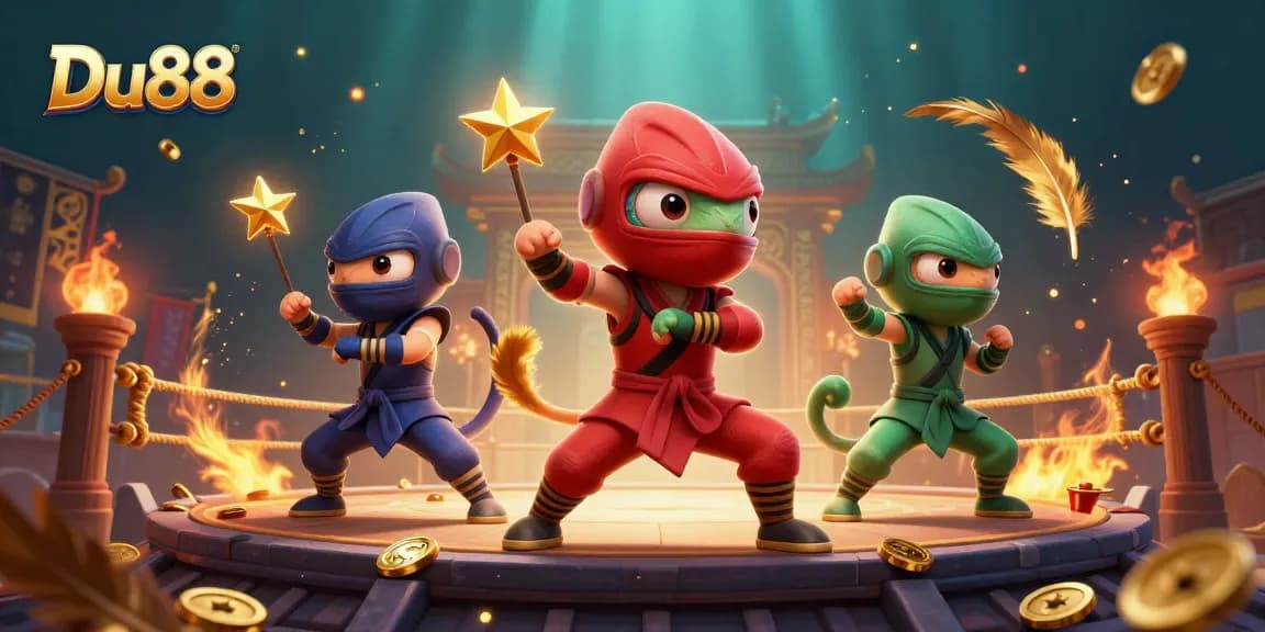 Unleash excitement in Du88 with a dynamic ninja chameleon team amidst vibrant gambling elements.