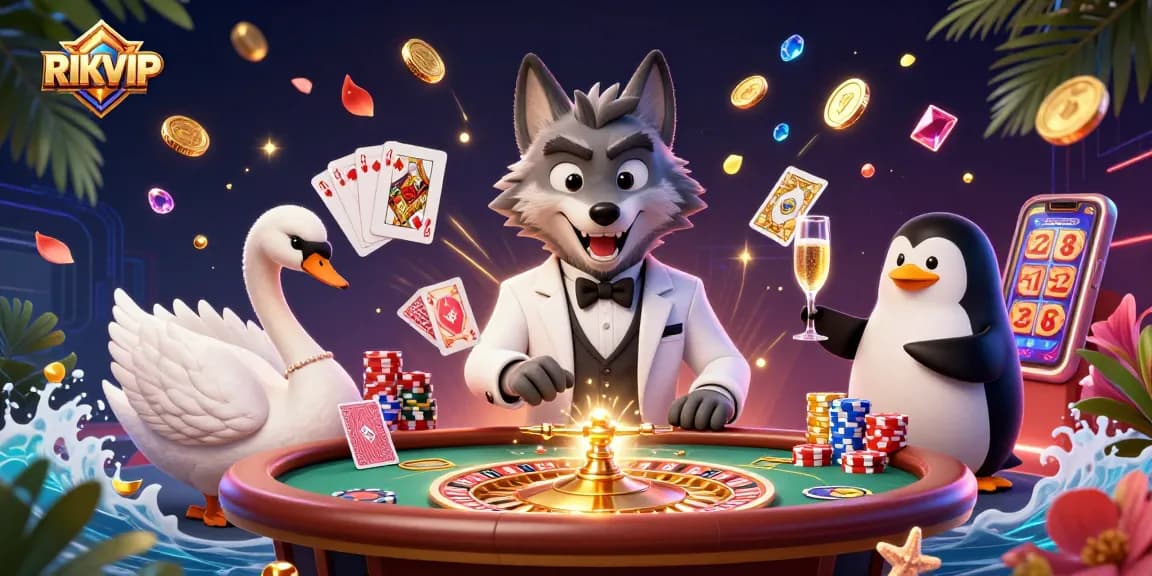 Experience RIKVIP's thrilling casino atmosphere with elegant characters and dynamic game elements.