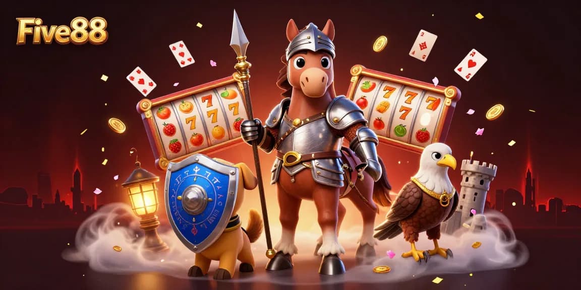 Engage with Five88 by exploring immersive casino games amidst a lively, vibrant digital illustration.