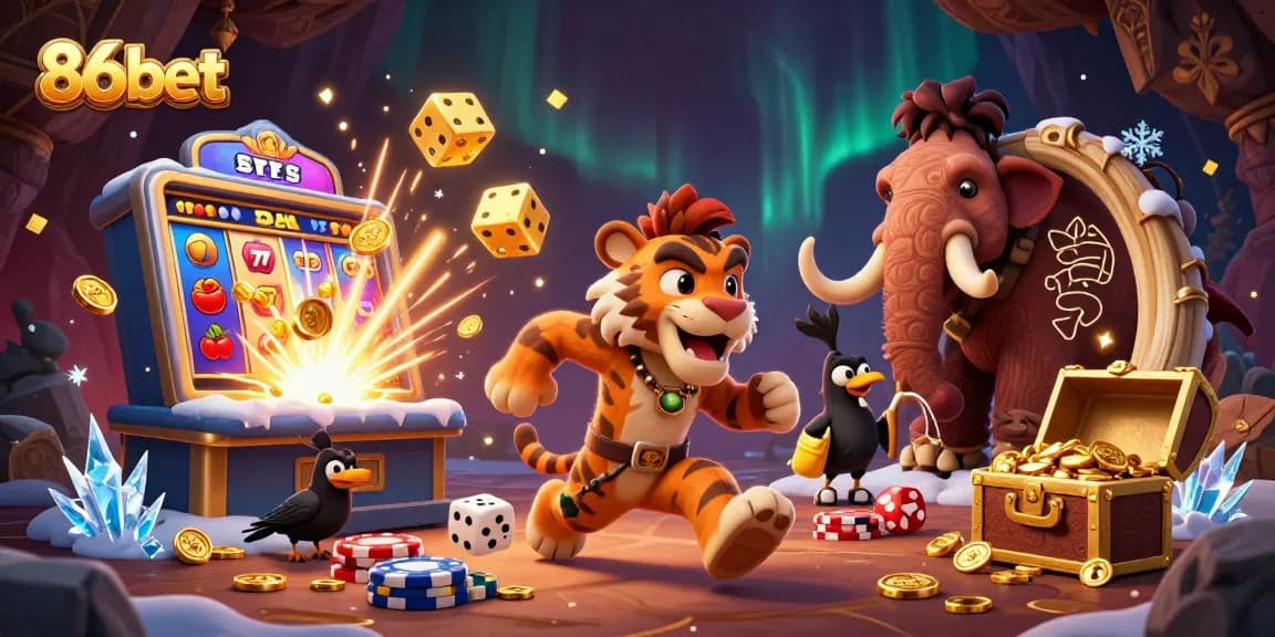 Experience the thrilling world of 86bet with vibrant visuals of a dynamic casino scene featuring engaging characters.