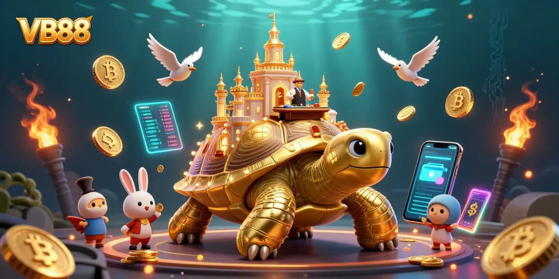 Experience VB88's vibrant casino world with a golden tortoise, rabbit dealer, and flying coins.