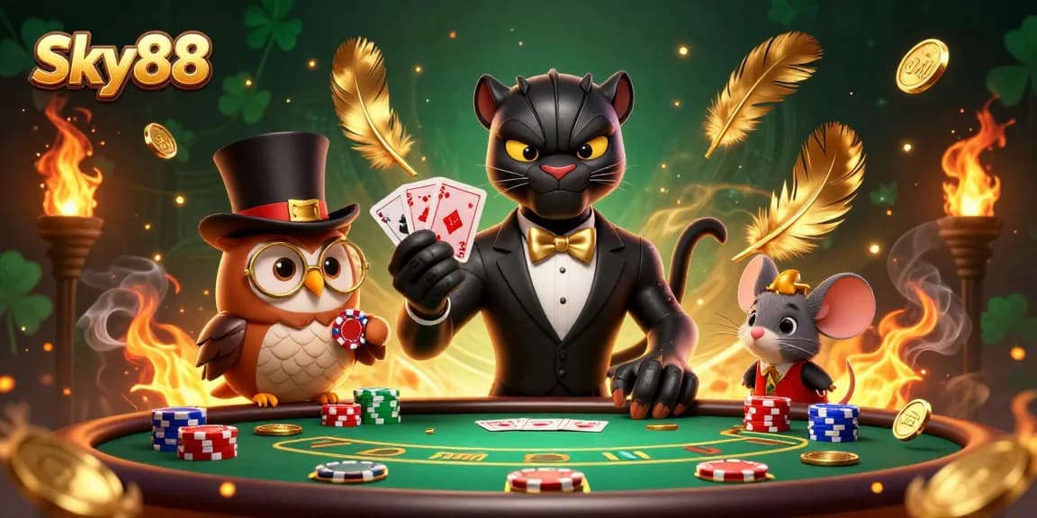 Sky88 celebrates casino fun with a cartoon panther, owl, and lucky mouse at a vibrant poker table.