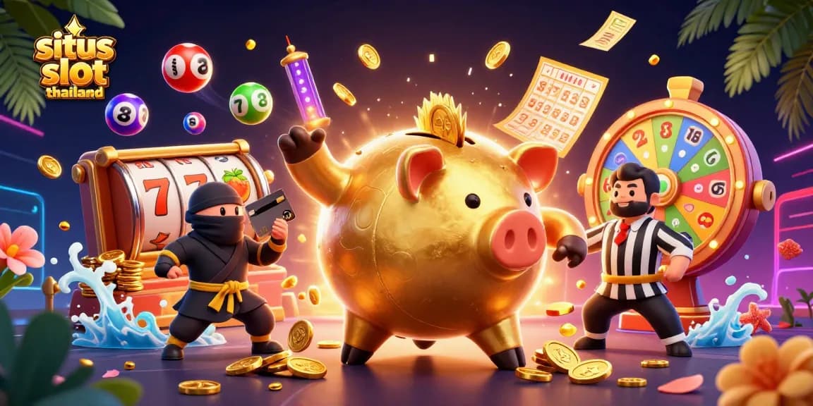 Situs slot thailand showcases vibrant cartoon characters around dynamic slot game elements in an engaging scene.