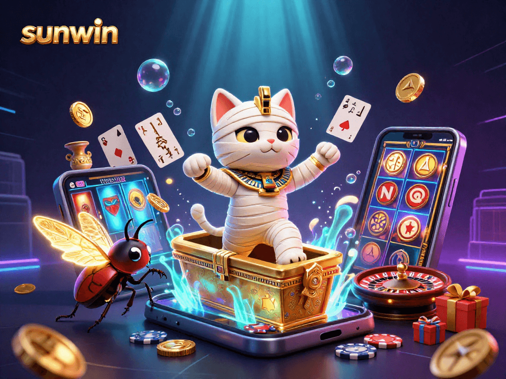 Engage with the thrilling slot experience at Sunwin featuring golden coins, colorful game elements, and lively characters in a vibrant casino.