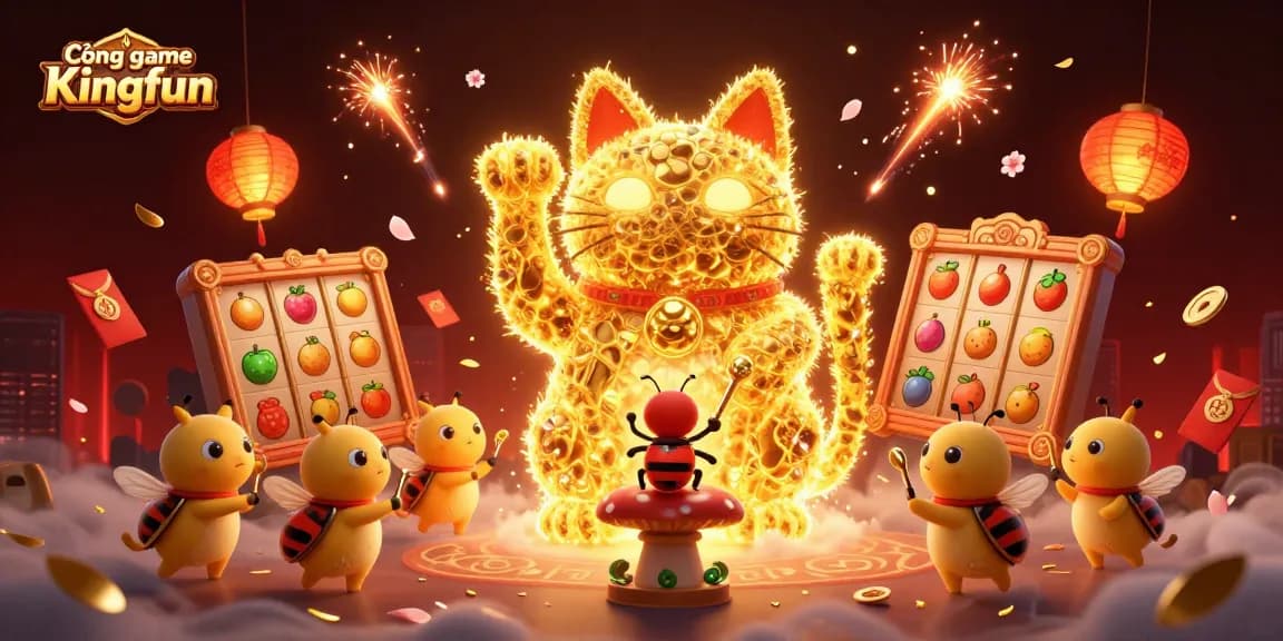 The Cổng game Kingfun features a dynamic scene with a lucky cat made of fireflies, slot game elements, and festive decorations.