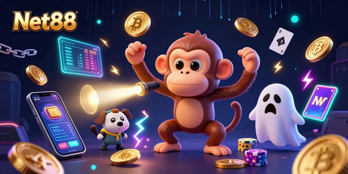 Engage with Net88 in this vibrant casino scene featuring a poltergeist monkey and ghost-hunter puppy.