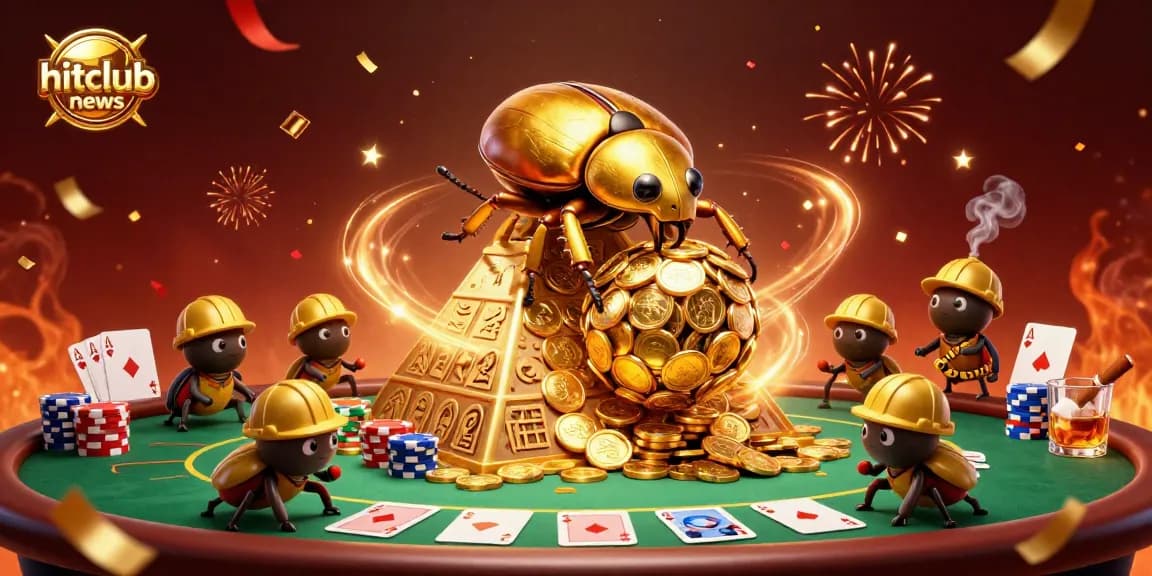 Experience the excitement of hitclubnews with a dynamic casino-themed 3D scene featuring a golden beetle and poker elements.