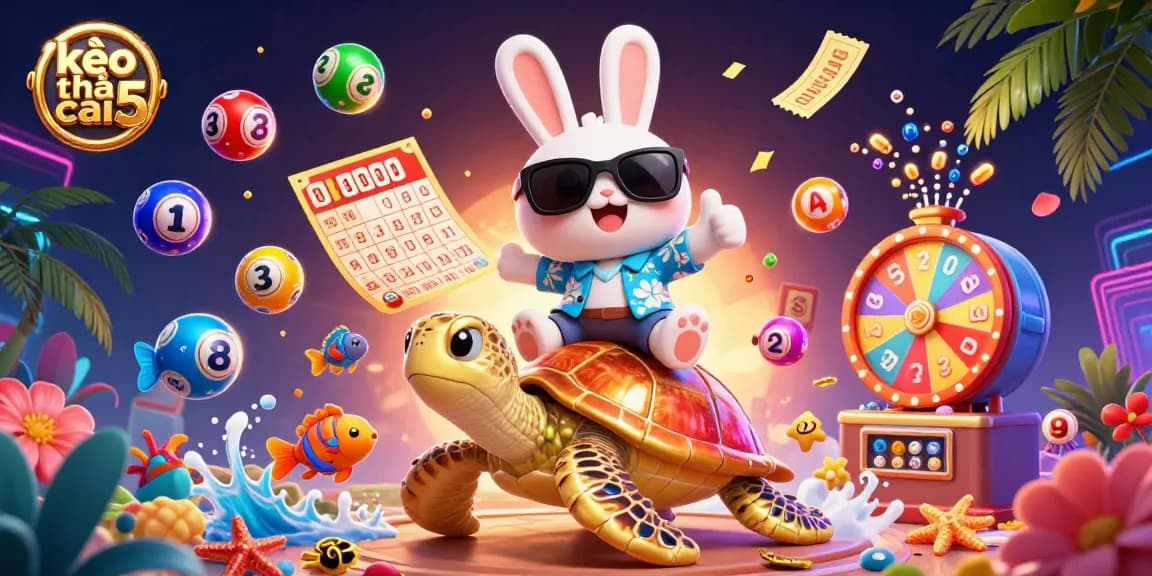 Engage with kèo nhà cái 5’s colorful lottery scene featuring a lucky rabbit and a golden turtle!