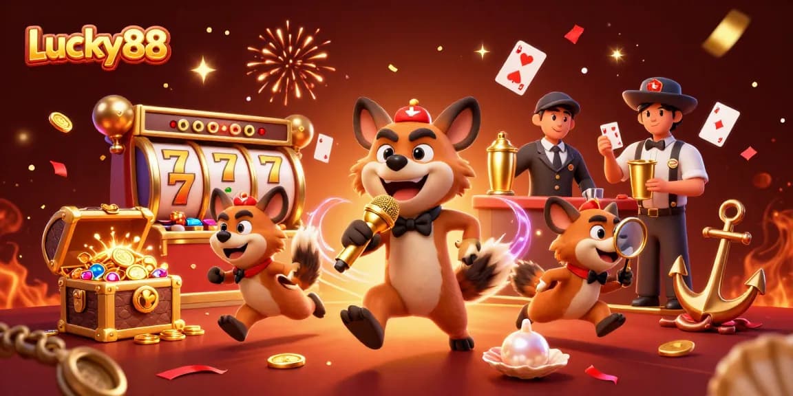 Lucky88 slot game illustration featuring hyenas in a comedy casino scene with vibrant game elements.