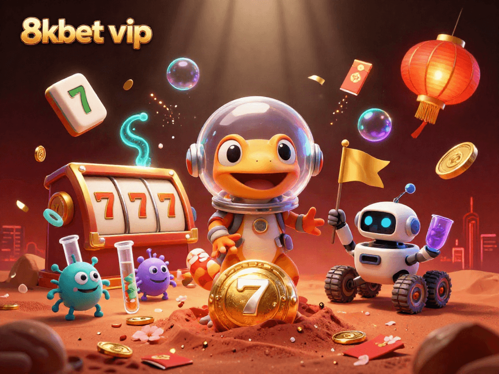 Experience the excitement of 8kbet vip in a vibrant casino on Mars with 3D futuristic characters.