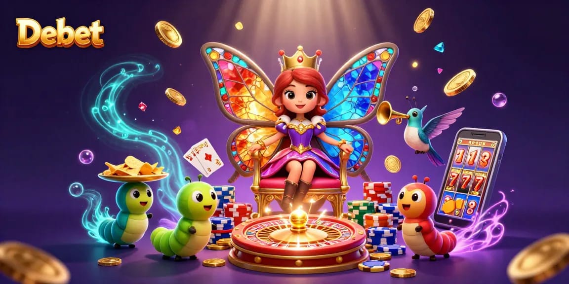 Win big with Debet as a butterfly queen oversees a bustling casino scene filled with vibrant games.