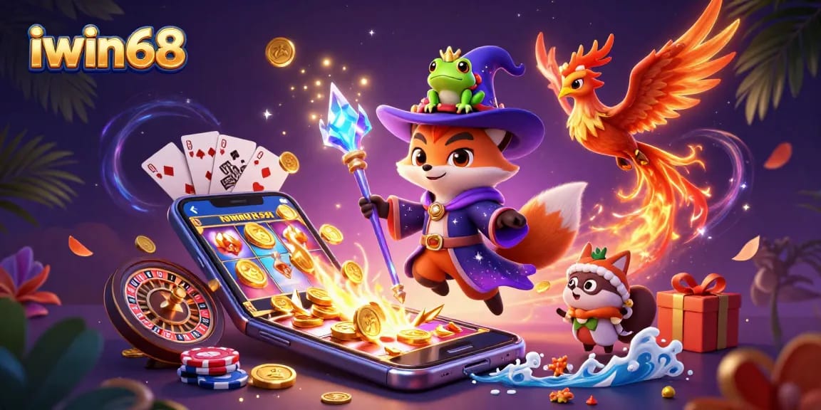 Iwin68 welcomes players into a magical 3D casino world with vibrant characters and exciting slot games.