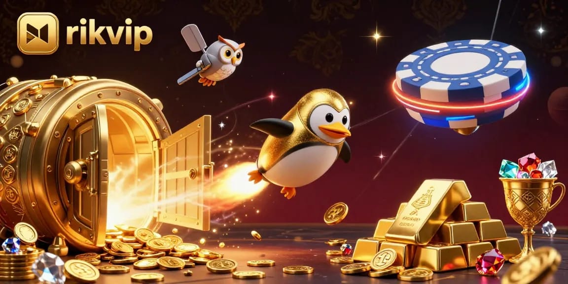 Experience exciting gameplay at rikvip with a golden penguin flying to a casino space station amidst treasures.