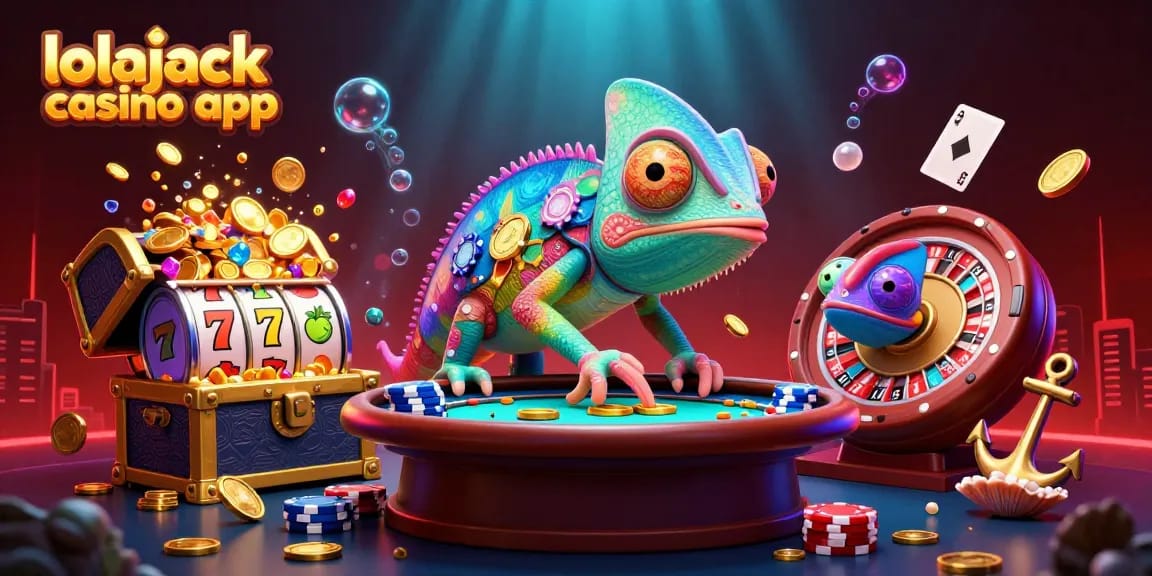Join the fun at lolajack casino app, featuring a vibrant scene with animated casino elements.