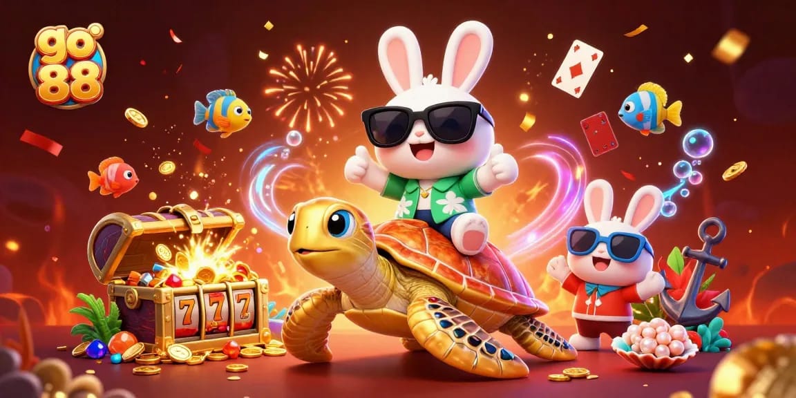 Experience the thrill of go 88 with a charming rabbit and turtle amidst gold coins and vibrant casino elements.