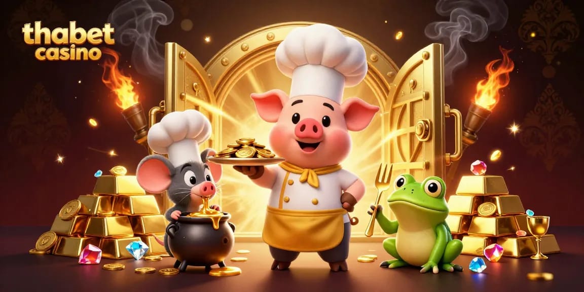 Experience the thrill of thabet casino with a chef pig and vibrant gold elements in this vibrant illustration.